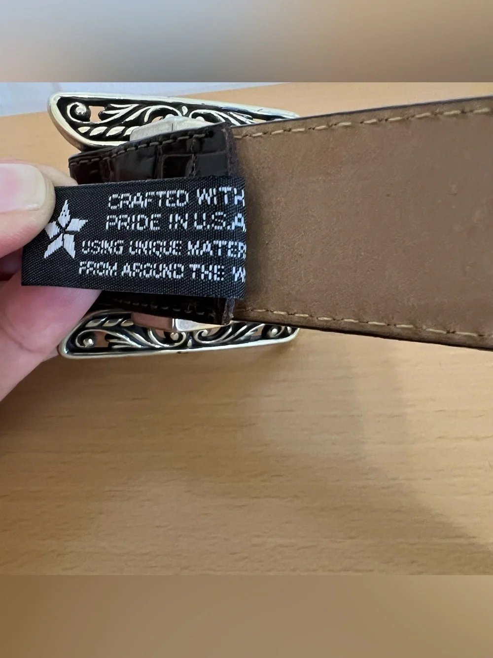 Brighton Classic Brown Croc-Embossed Leather Belt Ornate Silver Buckle 34/Large